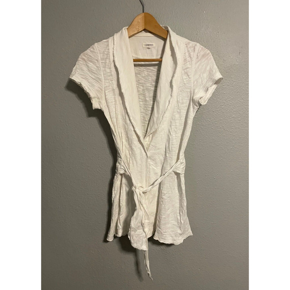 Generra Womens Top XS Cream Short Sleeve Belted Fringe Hem Relaxed Lagenlook - Picture 1 of 8